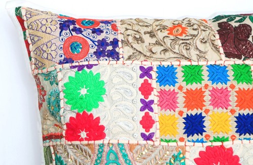 24" Khambadia Indian Embroidered Patchwork Cushion Cover Pillow Sham Throw White - Picture 4 of 6