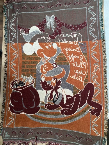 Disney Mickey Mouse Pluto Christmas Santa Woven Throw Blanket Tapestry 46x69”
