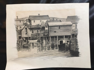 Wonderful Signed 1920s Pencil Drawing of Homes and Boats School of Architecture