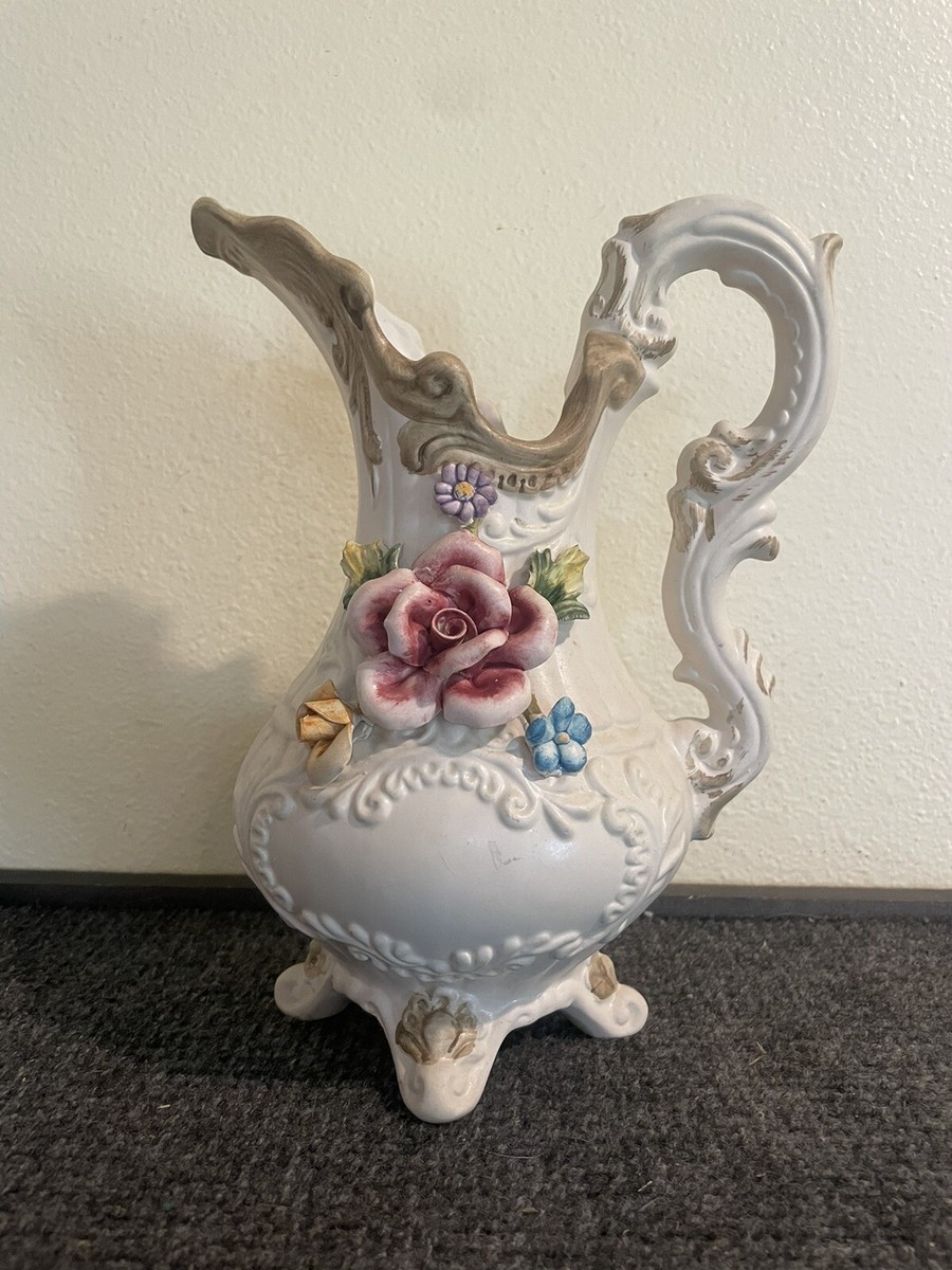Vintage Capodimonte Pitcher Vase Porcelain Italy Floral Roses