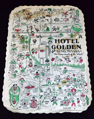 RENO NEVADA NOVELTY PICTORIAL MAP ca 1955 PLACEMAT * HOTEL GOLDEN COMIC ARTWORK