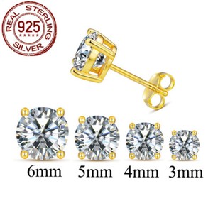 Authentic Gold Plated 3 4 5 6mm Round Cubic Zirconia 925 Silver Filled Stud Earrings Women