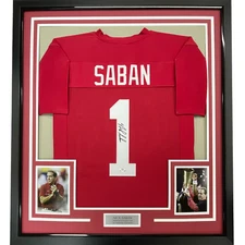 Framed Autographed/Signed Nick Saban 33x42 Alabama Red College Jersey PSA COA