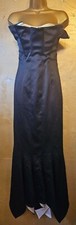 Stunning Black Satin Fishtail Strapless Evening Dress, s.12, White Detail, Boned