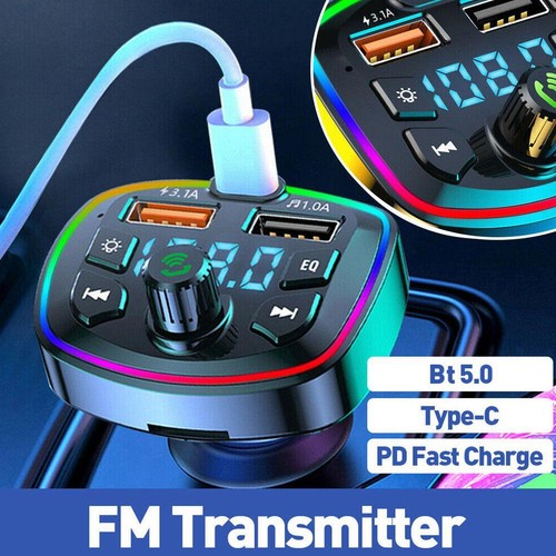 Bluetooth 5.0 Car Wireless FM Transmitter Adapter 2USB PD Charger Hands-Free UKS - Afbeelding 1 van 19