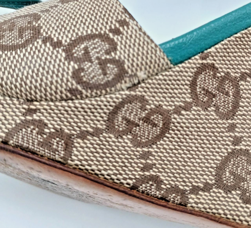 Gucci Schnür-Sandalen Keilabsatz braun GG Canvas türkis Leder 142924 Größe 36,5 - Bild 7 von 15