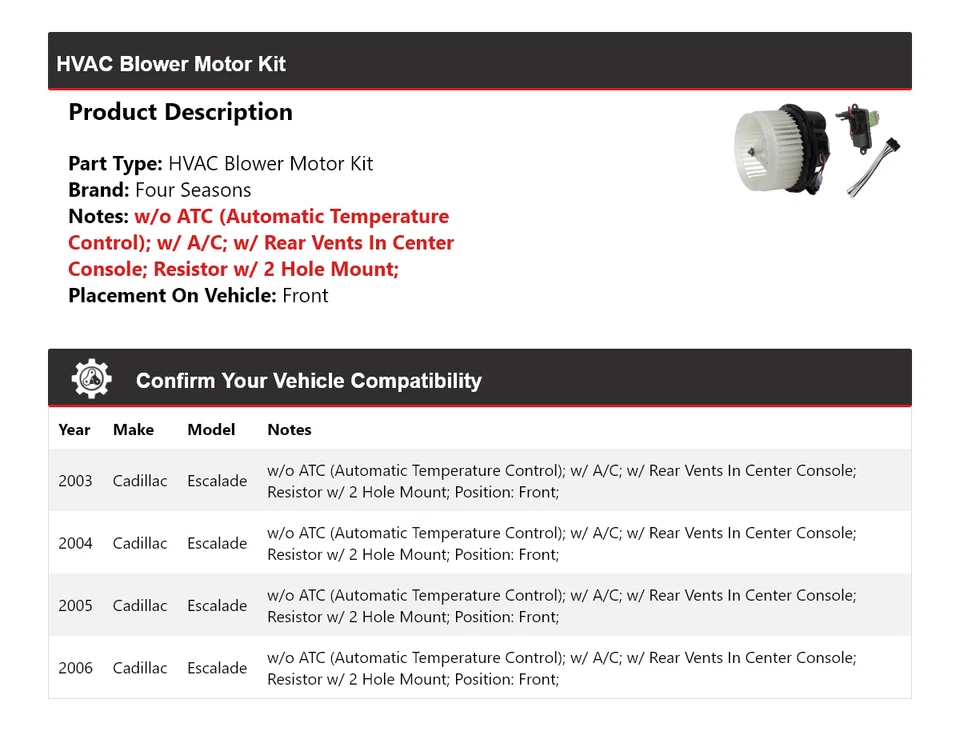 Kit de motor soplador delantero 4 estaciones 2004 2005 para Cadillac Escalade 2003-2006 Foto 2 de 4