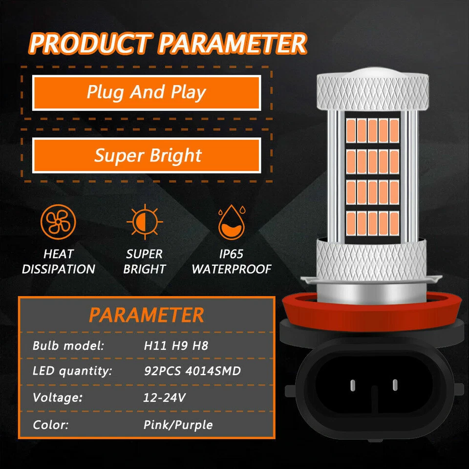 DYNITX Iluminación LED Rosa Púrpura H8 H9 Bombilla Antiniebla de Conducción Lámpara de Repuesto Foto 3 de 4