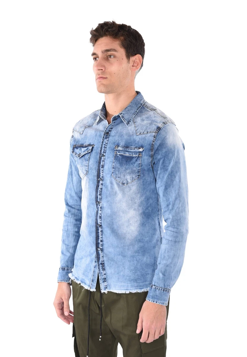 Camicia di Jeans Uomo Strappata Slim Fit Blu Denim Casual Cotone