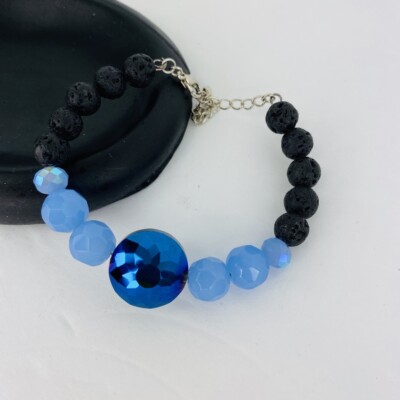 Bracelet Blue Swarovski Crystal Black Lava Rock Sparkle Boho Adjustable