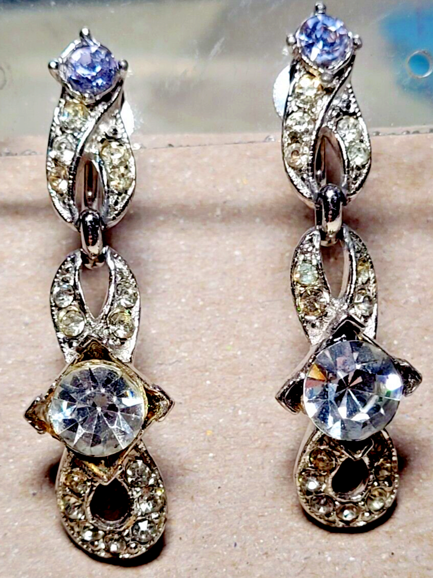 Bogoff SIGNED Dangle Earrings Aqua Blue &Pave Rhinestones Silvertone Screw  Back