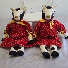 Vintage Set Of 2 Stuffed Animal Cow Dolls Red Lord Taylor Dress Bows Bells
