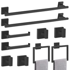 TQKAG 10-Pc Matte Black SUS304 Set: Towel Bar, Ring, Paper Holder, Hooks