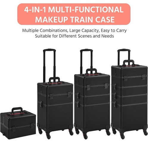 (OPEN BOX) 4 in 1 Professional Makeup Train Case Aluminum Cosmetic Case Rolling - Picture 9 of 9