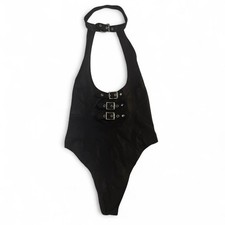 Elegant Moments Leather black halter buckle bodysuit