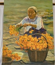Hanoi Vietnamese Oil Painting Flower Seller 42x36 Signed Son Son