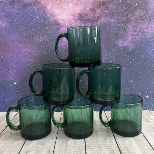 VTG SET OF 6 MID-CENTURY EMERALD GREEN GLASS MUGS THICK HEAVY - USA