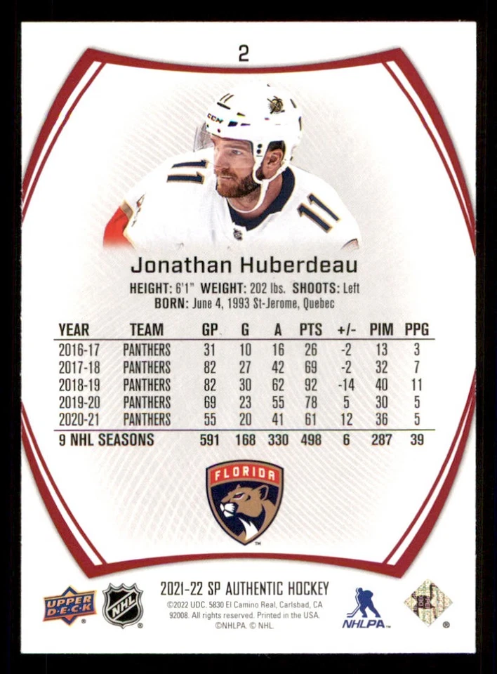 2021-22 SP Authentic Limited Red #2 Jonathan Huberdeau - Image 2 of 2