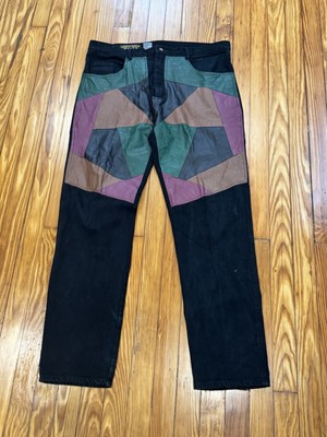 Don't Stop Jeans Leather & Denim Leather Patchwork Black 80s Men's 40x34 Vintage