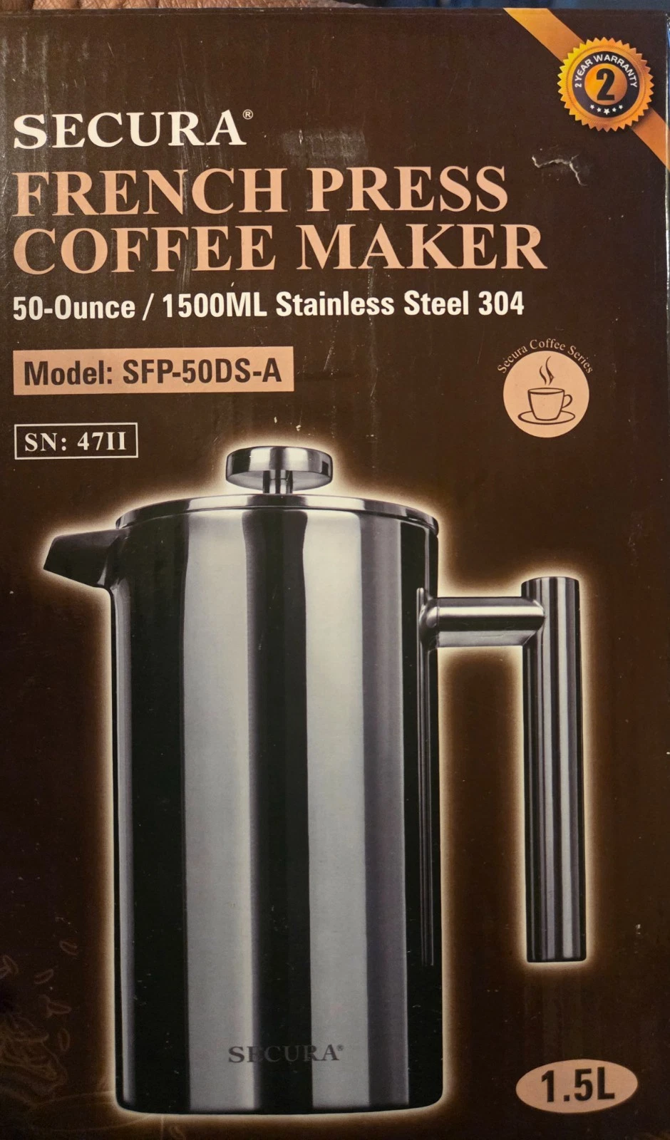 Secura French Press Coffee Maker, 304 Grade Stainless Steel 50 oz, Silver