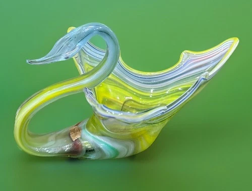 Vintage Sunset Hand Blown Murano Style Art Glass Yellow Swirl Swan Bowl Dish