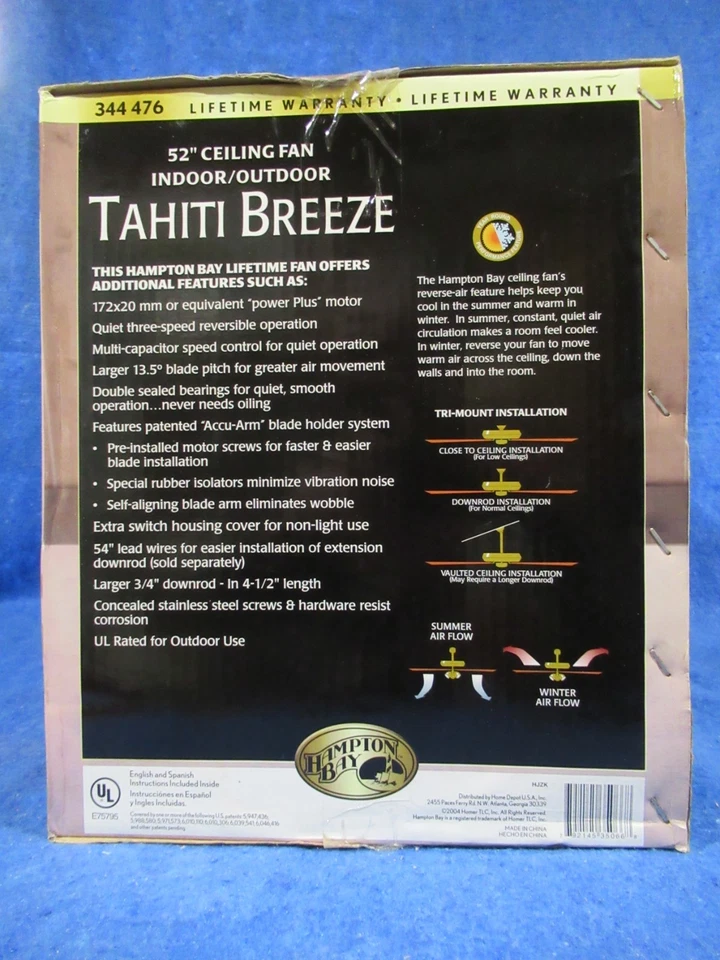 Hampton Bay Tahiti Breeze 52" Indoor/Outdoor Fan w/Bamboo Accents and light kit - Image 4 of 4