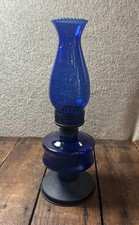 Vtg Cobalt Blue Glass Hurricane Oil Kerosene Lamps 15" Black Finish Display