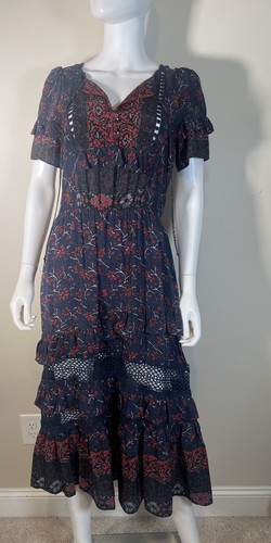 Sea NY TUCKERNUCK Navy Blue Red Floral Ruffle Tiered Midi Silk Dress Sz 4 Boho - Picture 9 of 20