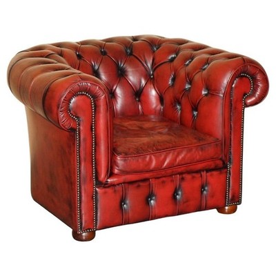 SCHÖNER VINTAGE OCHSENBLUT BORDEAUX LEDER CHESTERFIELD CLUBSESSEL TEIL DER SUITE
