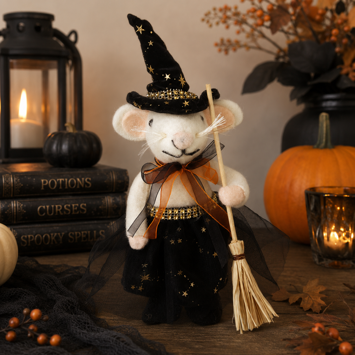 Felt Witch Mouse with Broom Halloween Decoration Novelty Homeware Decoration