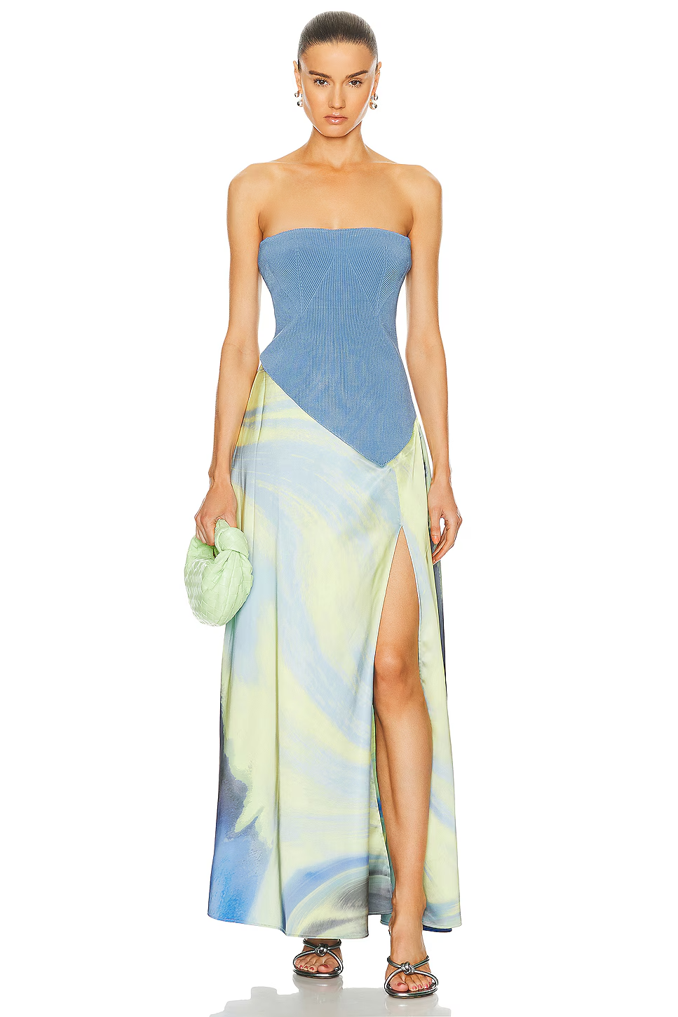 SIMKHAI Kory Bustier Combo Midi Dress in Marina Blue Print S NWT $695