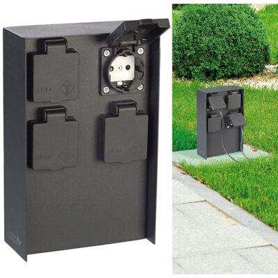 4-fach-Garten-Steckdose, 230 V, bis 3.680 W, Edelstahl, IP44, schwarz