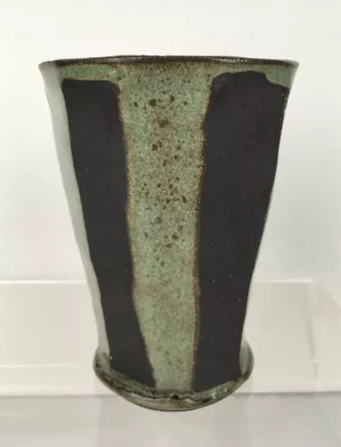 Art Studio Pottery Drinking Glass Tumbler Green & Brown Signed 5" tall Exce