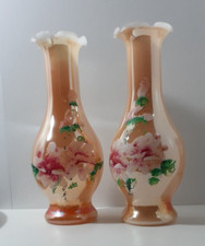 Vintage Retro Marigold Orange Iridescent Glass Vases Set Hand Painted Flowers 9"