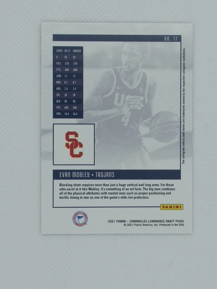2021 Panini Chronicles Luminance Draft Picks Evan Mobley Rookie RC #77, Trojans - Image 3 of 4