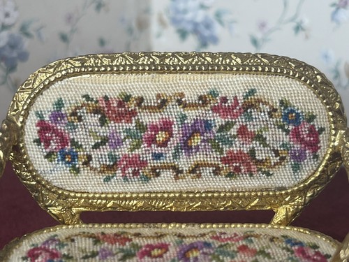 Small Scale Gold Petit Needlepoint Louis the 14th Miniature Settee - Picture 2 of 9