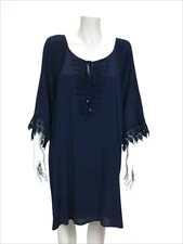Naïf Sz Plus 2X Navy Blue Embroidered Lace Scoop Neck Tassel-Tie Shift Dress