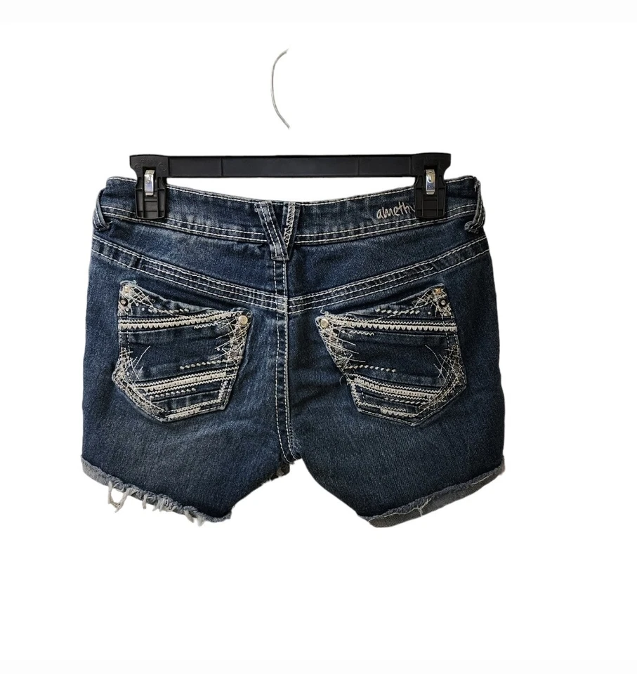 Pantalones Cortos Midi Jean Amatista Puños Talla 3 Tiro Bajo y2k Puntada Gruesa Bling Foto 3 de 4