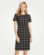 Ann Taylor Gray White Windowpane Plaid Knit Short Sleeves T-shirt Sheath Dress 2