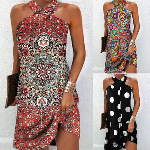 Women's Sleeveless Halter Floral Mini Dress Summer Holiday Beach Midi Sundress