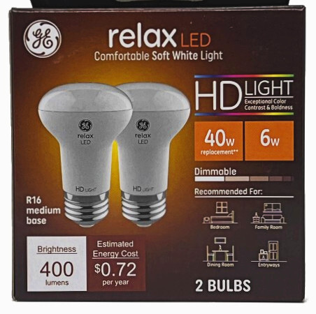 (2 bulbs) GE relax LED R16 Light Bulb, 6 watt, 400 lumens, Dimmable, HD Light,