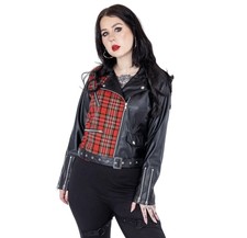 Heartless Black Red Tartan Faux Leather Jacket Biker Gothic Goth Emo Punk Alt M