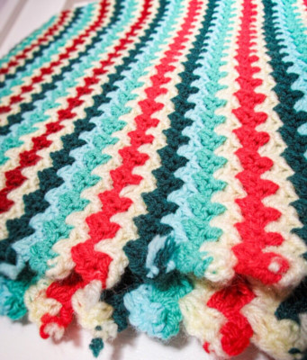 Cozy Knitted Afghan Zig Zag Chevron Pattern Bright Colors-Throw Blanket Handmade