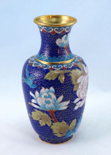 Vintage Asian Enamel Cloisonne Vase Hand Made Chinese Metal Lotus Cherry Blossom - Picture 1 of 9