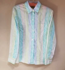 Sigrid Olsen Women Pastel Stripe Button Down Shirt Small Leaf Print Long Sleeve