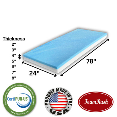 FoamRush 24'' x 78'' Cool Gel Memory Foam Seat Cushion Replacement Medium Firm USA