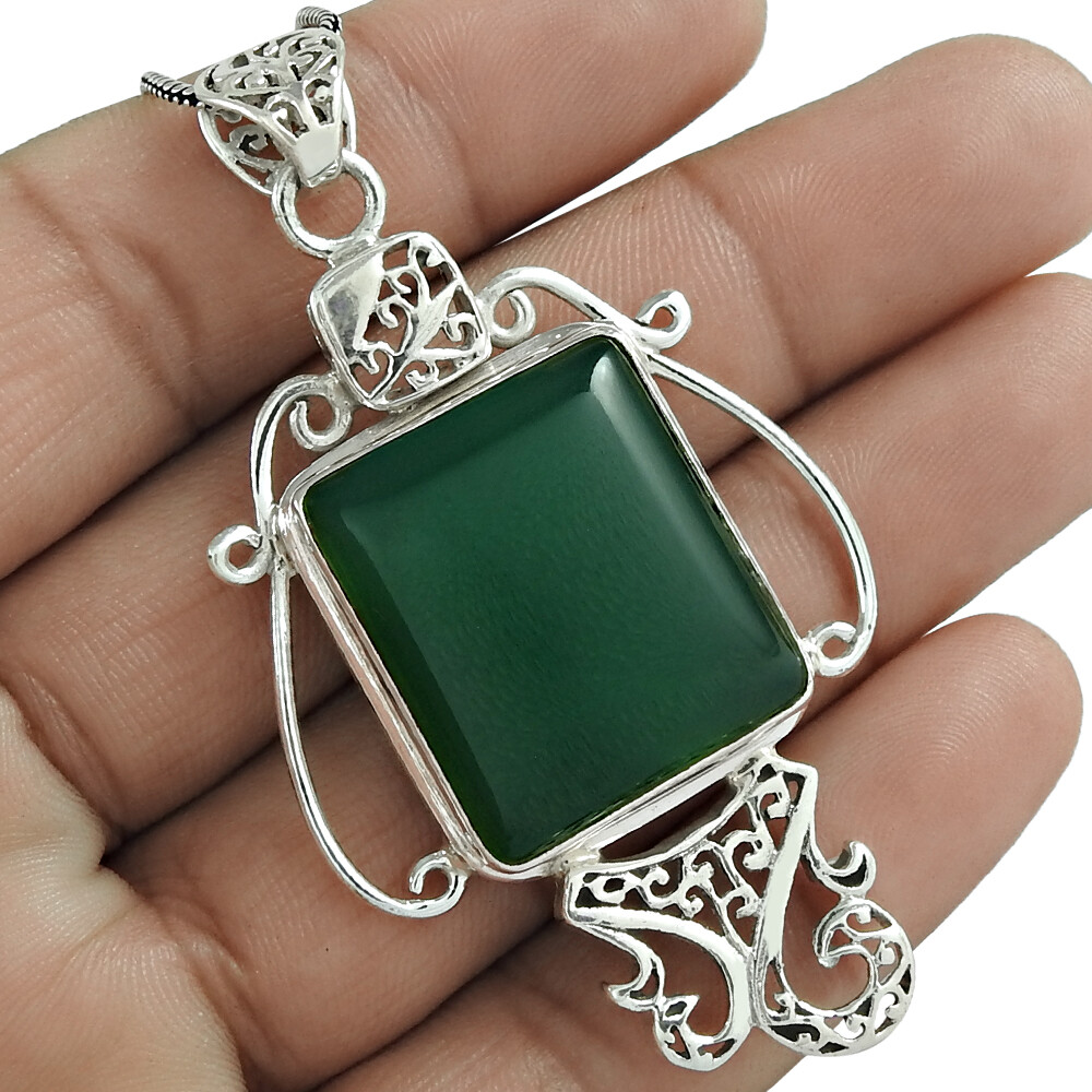 Colgante De Ónix Verde Para Mujeres Regalo Chunky Hippie De Plata De Ley 925 K24