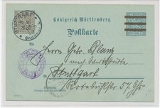 WÜRTTEMBERG 1908 3Pf braun a. 2Pf grau Aushilfs-GA-Dienstpostkarte STEMPELFEHLER