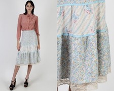 Vtg 70s Pastel Calico Floral Skirt Cottage Porch Prairie High Waist Tiered Mini