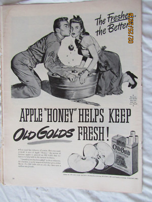 kiss apple cigarettes VTG 1944 Original Magazine Ad Old Gold Cigarettes WW2 BW Apple Bobbing Kiss